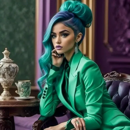 Prompt: <mymodel> a woman,Long purple and light blue hair styled in Sock Bun, in a green suit sitting on a chair with her hand on her chin and her hand on her chin, Daphne Allen, neoclassicism, green, a poster