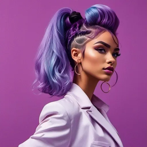 Prompt: <mymodel>a woman,
Long purple and light blue hair styled in Afro with Low Braided Bun
, in a white suit and pants standing in front of a purple background with a pink background and a white background, Chinwe Chukwuogo-Roy, pop art, purple, an album cover
