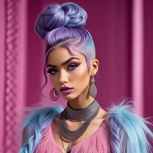 Prompt: <mymodel>a model,Long purple and light blue hair styled in Double Top Knot with Braids,with a pink fringed dress and a necklace on her neck and a black dress with a pink fringe, Daphne Fedarb, harlem renaissance, jewelry, a poster