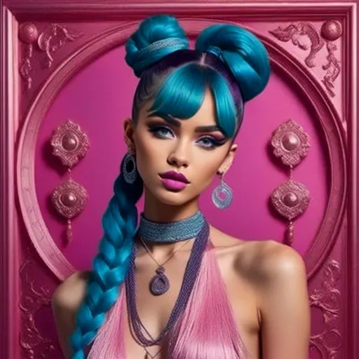 Prompt: <mymodel>a model,Long purple and light blue hair styled in Double Top Knot with Braids,with a pink fringed dress and a necklace on her neck and a black dress with a pink fringe, Daphne Fedarb, harlem renaissance, jewelry, a poster