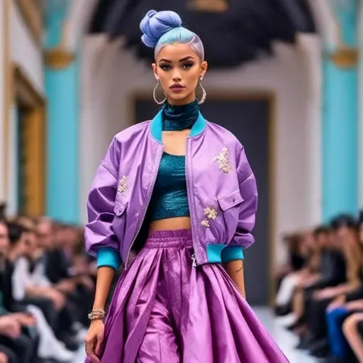 Prompt: <mymodel> a woman,Long purple and light blue hair styled in Low Bun, in a purple dress and a bomber jacket on a runway with a pink flower on the skirt, Chinwe Chukwuogo-Roy, maximalism, fashion, a flemish Baroque