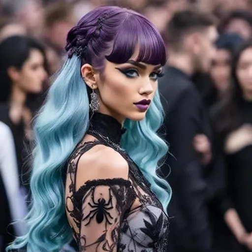 Prompt: <mymodel>a model,Long purple and light blue hair styled in Finger Waves, walks down the runway in a black gown with a spider motif on it and a large crowd of people, Alexander McQueen, renaissance, fashion, a marble sculpture