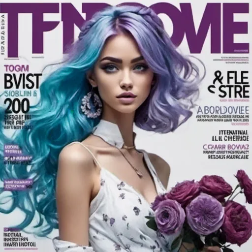 Prompt: <mymodel>a magazine cover with a woman,Long purple and light blue hair styled Low Ponytail with a Twist, in a white dress and flowers on her shoulders and shoulders, with a magazine title top stories, Carol Bove, international typographic style, magazine, an abstract sculpture