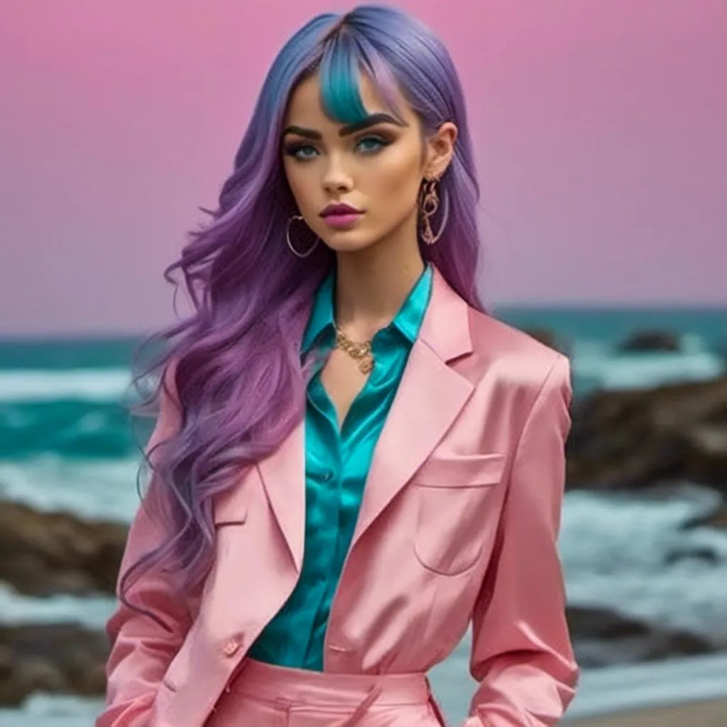 Prompt: <mymodel>a woman,Long purple and light blue hair styled in Voluminous Ponytail, in a pink suit and heels standing on a beach with her hand in her pocket and her right hand on her hip, Daphne Allen, maximalism, complementing colors, a poster