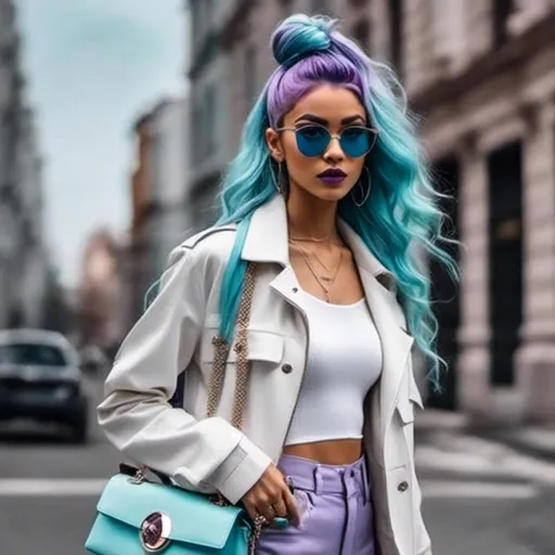 Prompt: <mymodel>a woman,Long purple and light blue hair styled in Afro with Messy Half-Up Half-Down,wearing a white jacket and grey pants with red sunglasses on her face and a white top and a red purse, Evelyn Abelson, art deco, neutral dull colors, a marble sculpture