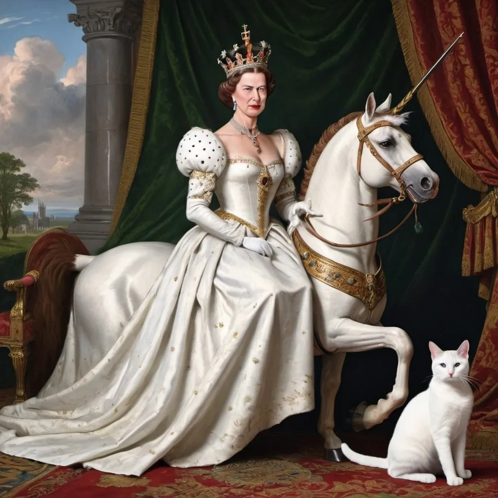 Prompt: Queen Elizabeth second invading Ireland sitting at unicorn with cat as a riffle