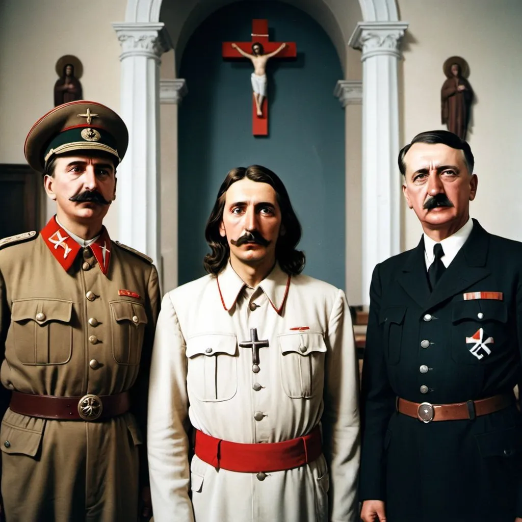 Prompt: Jesus with Stalin and Hitler