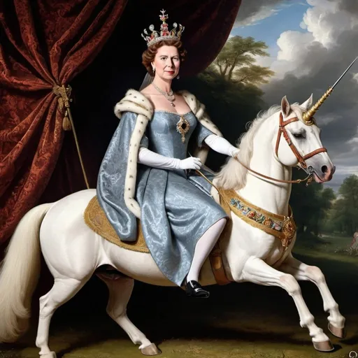 Prompt: Queen Elizabeth second invading Ireland sitting at unicorn with cat as a riffle