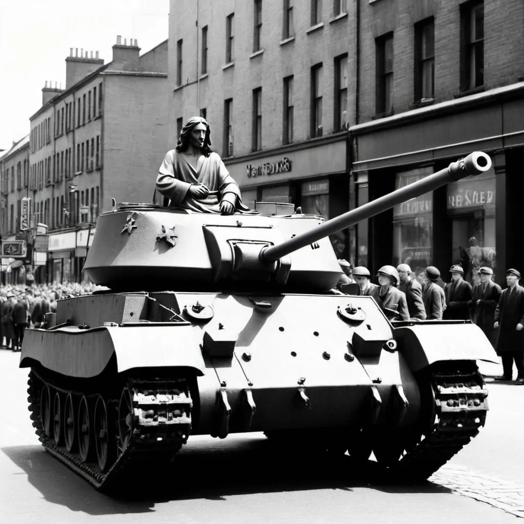 Prompt: Jesus in panzer 6 tank invading Dublin 