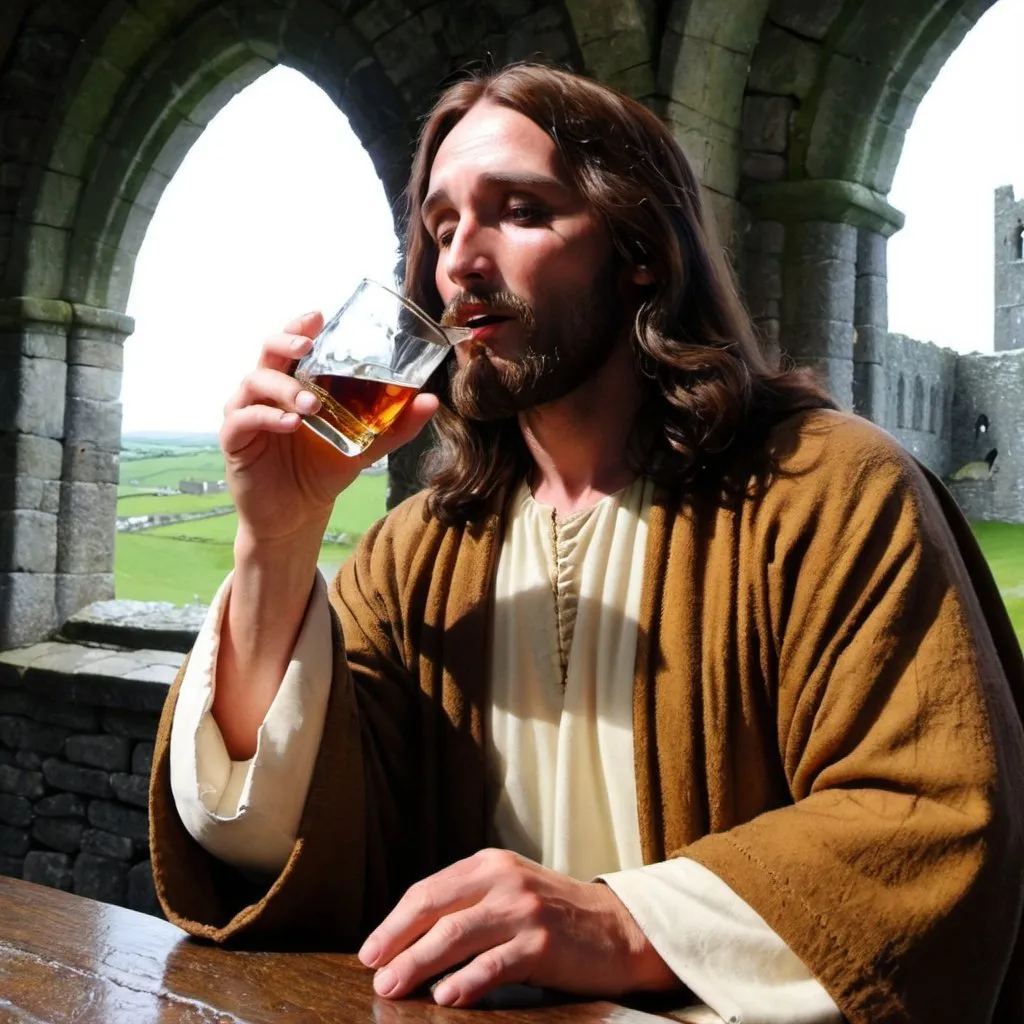 Prompt: Jesus drinking whiskey at rock of Cashel