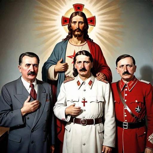 Prompt: Jesus with Stalin and Hitler