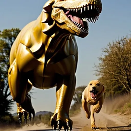 Prompt: Golden labrador runing behind t-rex