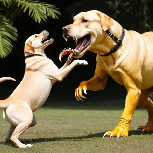 Prompt: Golden labrador fight with t-rex