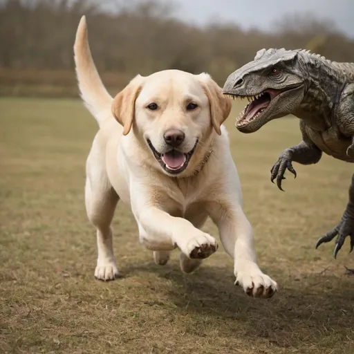 Prompt: Golden Labrador chasing dinosaurs