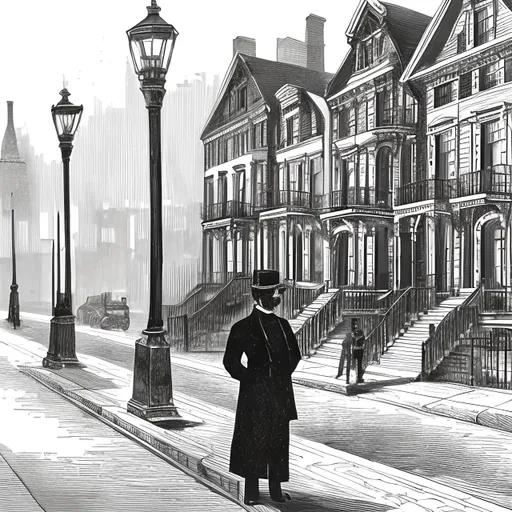 Prompt: Line drawing of elegant brick New York City row houses from 1880s, with street lamps and a few police officers standing around on the sidewalk. 