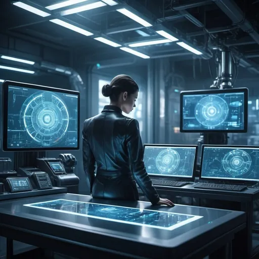 Prompt: Person inspecting automated workspace, futuristic, holographic displays, high-tech machinery, professional, detailed inspection, sci-fi, sleek design, atmospheric lighting, cool tones, urban cyberpunk, advanced technology, best quality, highres, ultra-detailed, futuristic, holographic, detailed machinery, professional inspection, cool-toned lighting