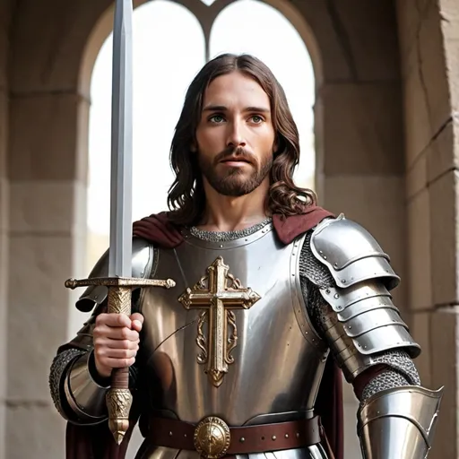 Prompt: Jesus in Armor with a sword in hand