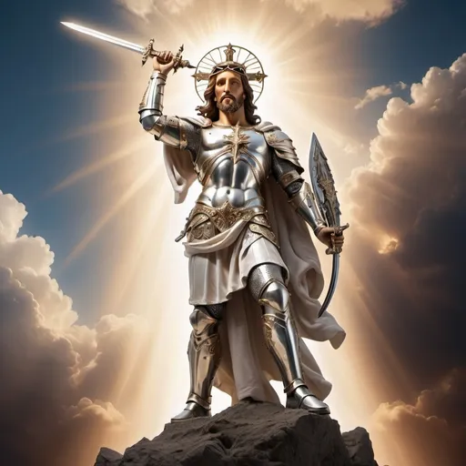 Prompt: Jesus in Armor with a sword in hand