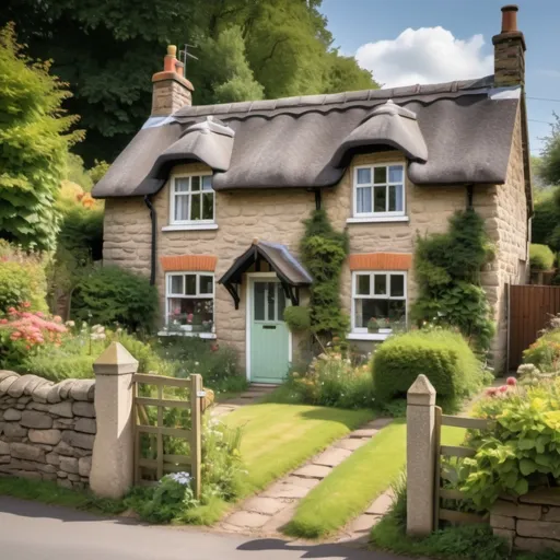 Prompt: A foto of a three bedroom cottage with a not very well tended garden an a "for sale" sign.