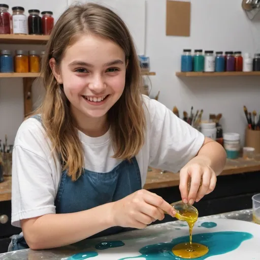 Prompt: one Artist girl smiling pouring resin in a try 