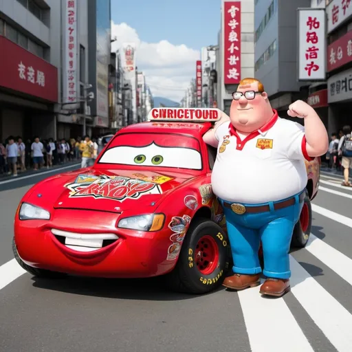 Prompt: rayo mcqueen cvon peter griffin en japon con bart