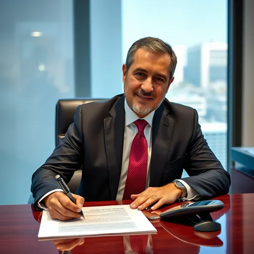 Prompt: a man in a suit sitting at a desk signing a document with a pen and phone nearby on the desk, Abdullah Gërguri, private press, professional photo, a stock photo