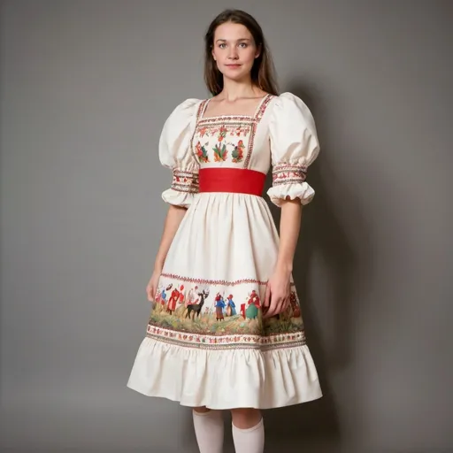 Prompt: Fitted dress with puffy sleeves, length below knees using Hungarian folklore theme