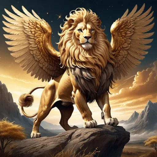 Prompt: Winged lion illustration, majestic creature with powerful wings, golden mane flowing, celestial and divine, mythical beast in a fantasy landscape, high quality, detailed feathers, regal pose, artistic illustration, golden tones, ethereal lighting