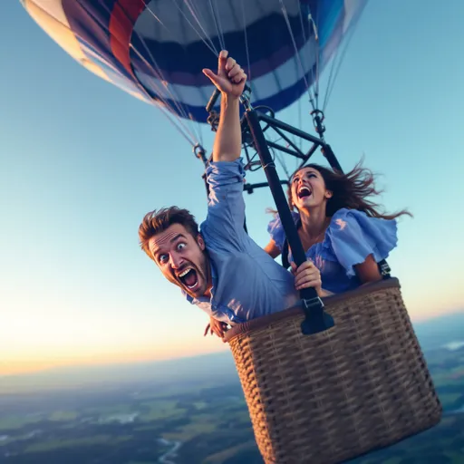 Prompt: Suspended in the vibrant blue sky, two people sit tightly gripping the edge of a hot air balloon basket, their expressions a mixture of fear and distress as they both scream with wide eyes, hinting at an adrenaline-fueled moment. The man, dressed in a light blue shirt, and the woman, clad in a blue dress adorned with ruffles, appear to be experiencing a thrilling or perhaps terrifying adventure high above the ground. The sun casts a warm, golden glow around them, enhancing the emotional intensity of the scene while illuminating the clear sky and distant horizon. The composition emphasizes their shared panic, inviting the viewer to ponder what might be causing their fright. The overall mood is a complex blend of excitement and anxiety, capturing the essence of a dramatic experience in a serene, expansive setting.