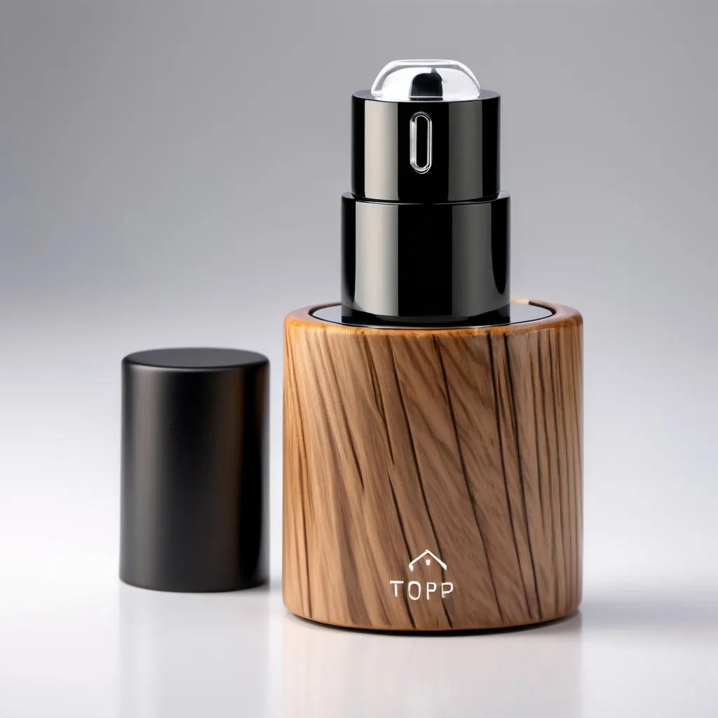 Prompt: Futuristic Smart perfume Top cap in wooden finish with spray sensor in cap