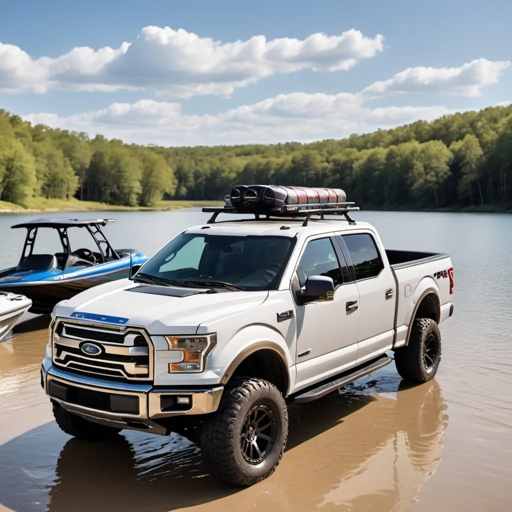 Prompt: draw a white bronze ford f150 on mud tires towing a pair of jet skis boat ramp of a happy sunny lake with people on the beach partying in the sun. I want the truck to also have a cooler of beer, innertubes, and kayaks in the bed. I want the truck to still be attached to the trailer. 
 

