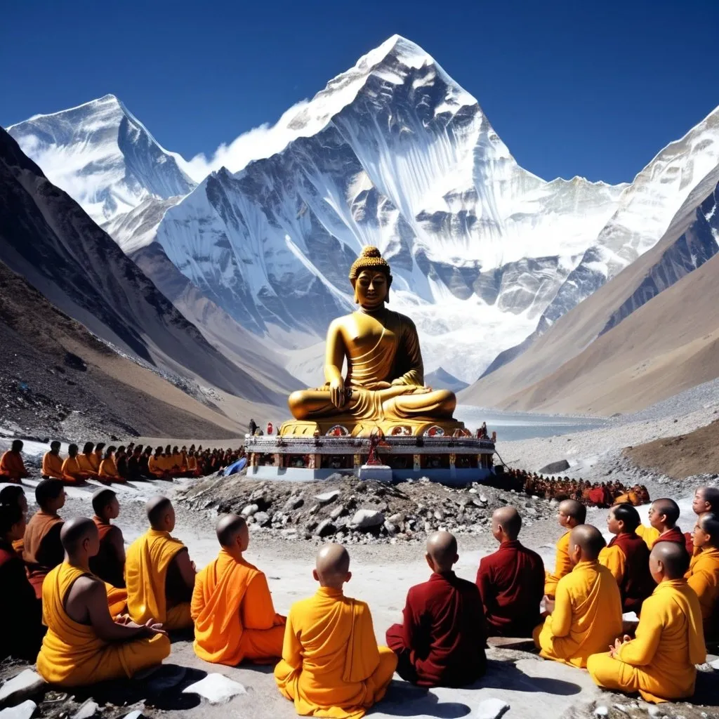 Prompt: Lord Buddha giving theology in front of his followers sitting on the bottom of Mount Everest