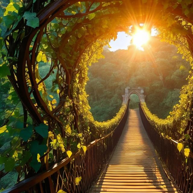 Prompt: arched bridge walkway covered in vines, amazing sunset, deep forest