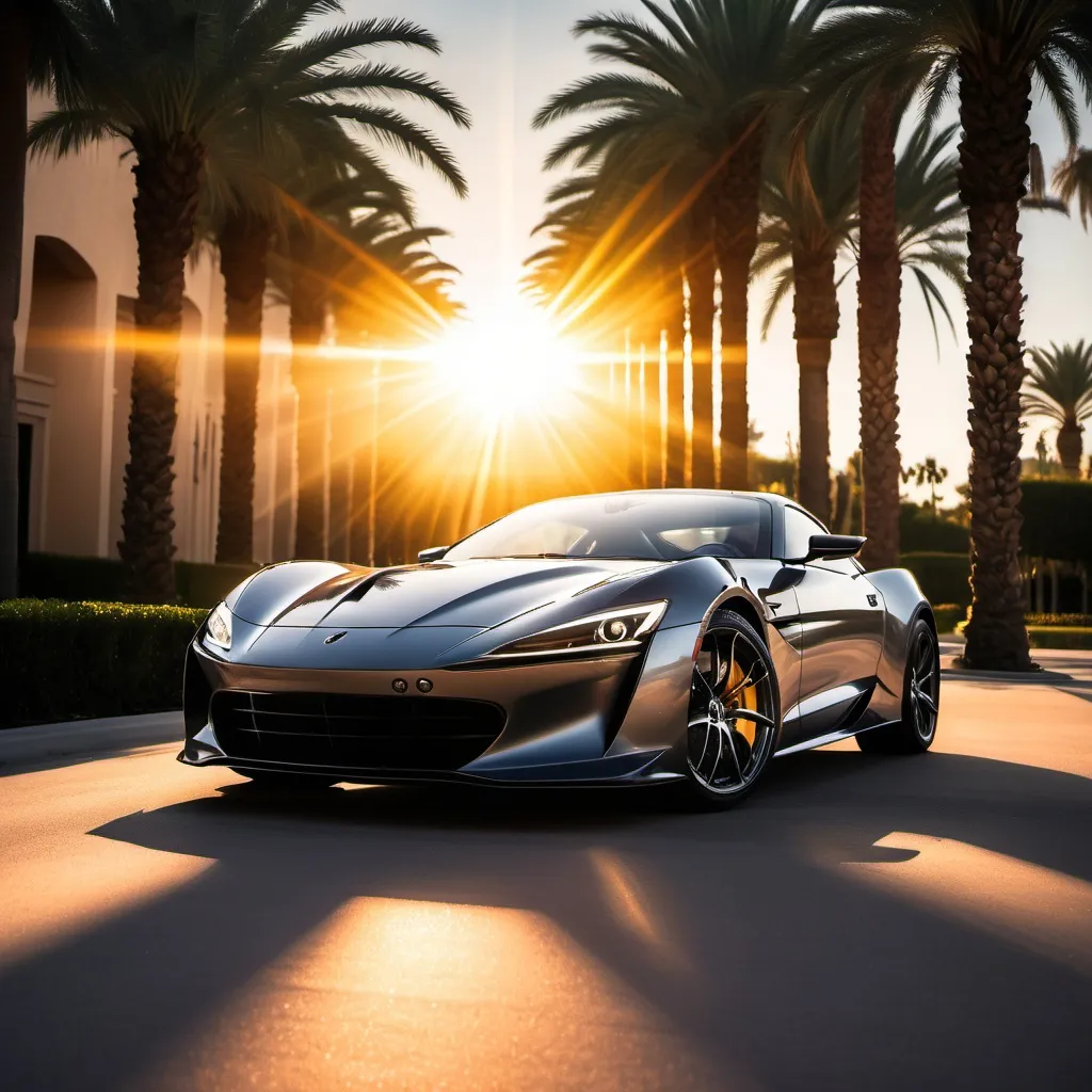 Prompt: sports car , sun beams , palm trees , evening