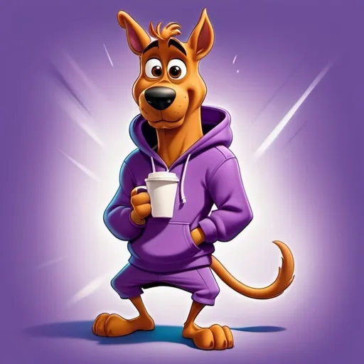 Prompt: Pixar-style illustration of Scooby Doo in purple hoodie with the hood up over head, and purple sweatpants, drinking out of a coffee cup, scooby doo face, detailed fur textures, expressive eyes, bright colors, dynamic pose, high quality, cartoon, vibrant colors, detailed fur, fun, playful, whimsical, iconic character, lively lighting