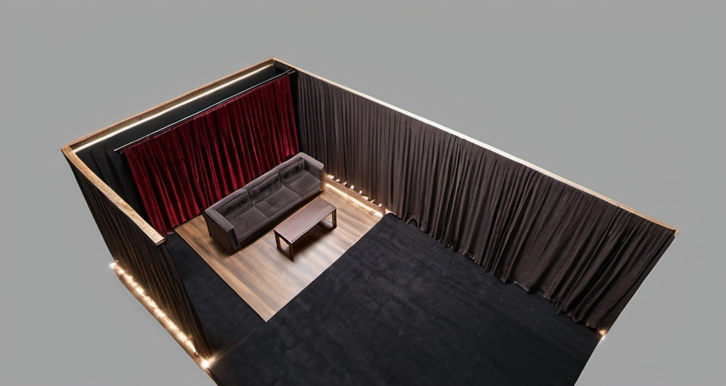 Prompt: The spotlight are directed to the scene place. The curtains’ texture is velvet. The color of curtains is dark brown. The color of seats is dark grey. The wooden panels on the walls must have LED lights that are directed onto the ceiling. The floor is wooden and the same color as wooden panels on the walls. 