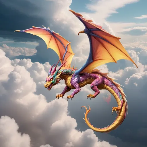 Prompt: A half butterfly half dragon hybrid flying in the clouds 