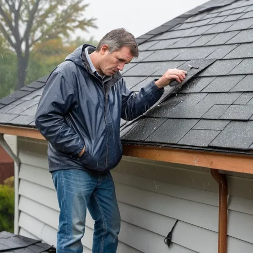 Prompt: A homeowner trying to fix his shingle roof problem. Looking worried and problematic in a rainy day