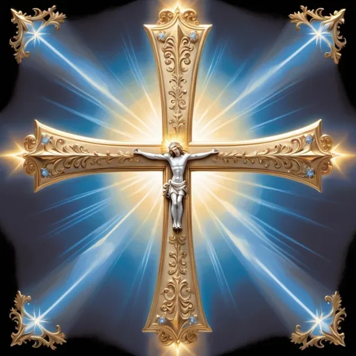 Prompt: a 'radiant cross.' The cross should be central and prominent, featuring a classic or ornate design. Surround it with bright, luminous rays of light emanating from all sides, creating a glowing, ethereal effect. Add a soft halo or aura around the cross to enhance its divine radiance. Include additional decorative elements like stars, sparkles, or swirling lines to emphasize the cross’s brilliance. Use contrasting colors like gold, white, or light blue to enhance the radiant effect.