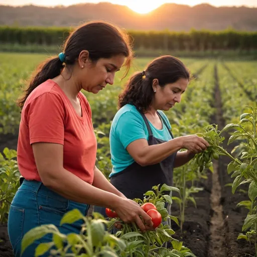 Prompt: personas latinas cuidando el cultivo de jitomates, atardecer
