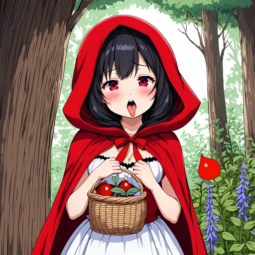 Prompt: Cute, Beautifult, Little red riding hood, large chests, black hair, quite tall, blushes face, Tongue out, open mouth, salvia