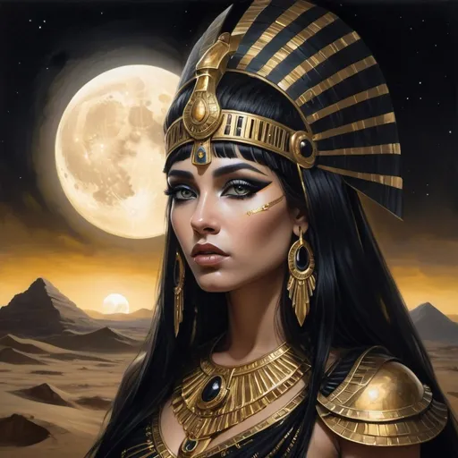 Prompt: A stunning cinematic painting of Cleopatra reimagined in a dark fantasy style. She is adorned in gothic gold, dark black, and white attire, with a stunning gold headdress and detailed makeup. Her eyes gaze intensely, surrounded by a glowing gold aura. The background is a dark, mystical desert with an eerie full moon, evoking a sense of mystery and enchantment. The overall atmosphere of the painting is both captivating and otherworldly., cinematic, dark fantasy, painting