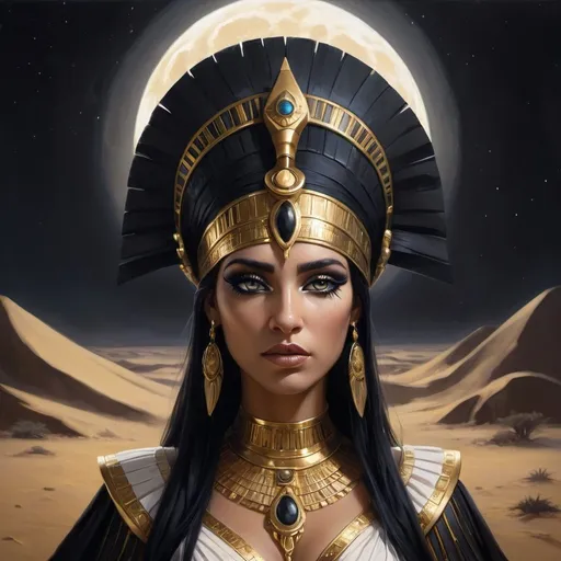 Prompt: A stunning cinematic painting of Cleopatra reimagined in a dark fantasy style. She is adorned in gothic gold, dark black, and white attire, with a stunning gold headdress and detailed makeup. Her eyes gaze intensely, surrounded by a glowing gold aura. The background is a dark, mystical desert with an eerie full moon, evoking a sense of mystery and enchantment. The overall atmosphere of the painting is both captivating and otherworldly., cinematic, dark fantasy, painting