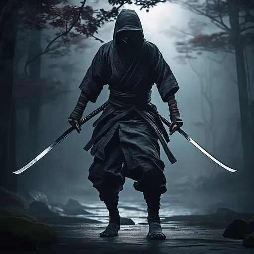 Prompt: (photorealistic) Ninja in action pose, horror theme, (decayed Edo period Japan), shrouded in dark fog, eerie atmosphere, haunting background details, intense chiaroscuro lighting, intricately detailed features and attire, capturing movement and emotion, (insanely detailed), ultra-realistic textures, (whole body), 4K resolution, moody and suspenseful ambiance.