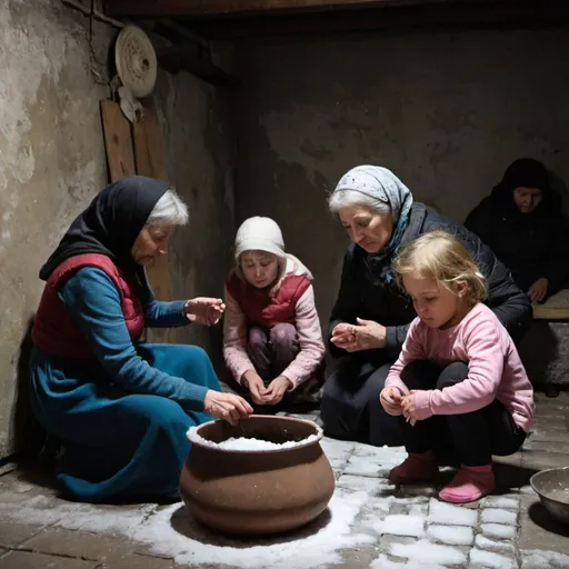 Prompt: There are 3 women in a dark basement in Ukraine. A mother is kneeling in the foreground on the ground. The mother is melting snow in a pot. At the right hand side, facing left, there is a little girl seated on the floor. The little girl is playing a Bandura Ukrainian instrument and sitting next to her is her grandmother. All 3 women look sad and tired and upset. 