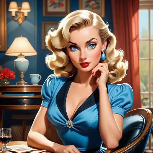 Prompt: a blond woman, typical pinup of the forties, with deep blue eyes, wearing an elegant blue dress, sitting at a table with a black chair in a cosy living room, serial art, promotional image, a vintage style painting 