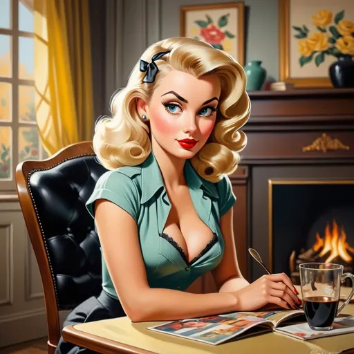 Prompt: a blond woman, typical pinup of the forties, sitting at a table with a black chair in a cosy living room, serial art, promotional image, a vintage style painting 