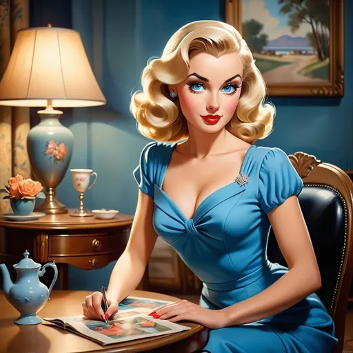 Prompt: a blond woman, typical pinup of the forties, with deep blue eyes, wearing an elegant blue dress, sitting at a table with a black chair in a cosy living room, serial art, promotional image, a vintage style painting 