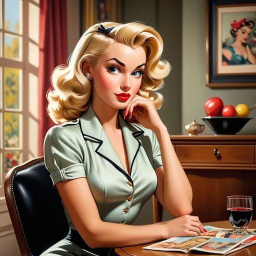 Prompt: a blond woman, typical pinup of the forties, sitting at a table with a black chair in a cosy living room, serial art, promotional image, a vintage style painting 