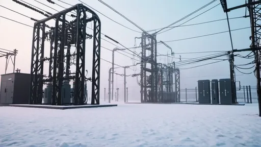 Prompt: High-voltage outdoor substation in cyberpunk style with fog